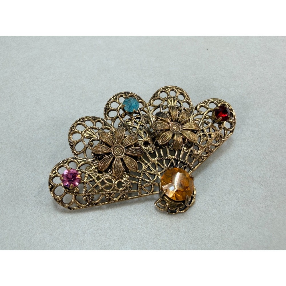 Vintage Filigree Fan Brooch Multicolor Rhinestones Floral Gold Tone Pin